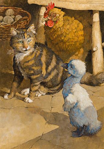 TROY HOWELL (1953- ) Duckling with hen and cat.